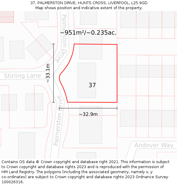 37, PALMERSTON DRIVE, HUNTS CROSS, LIVERPOOL, L25 9GD: Plot and title map