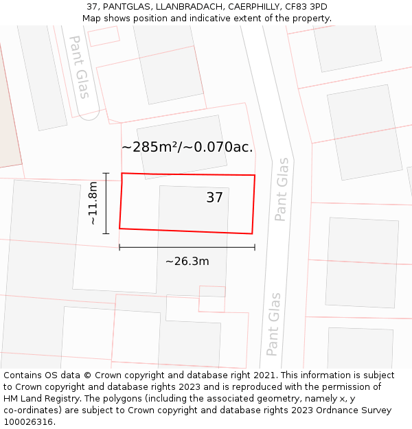 37, PANTGLAS, LLANBRADACH, CAERPHILLY, CF83 3PD: Plot and title map