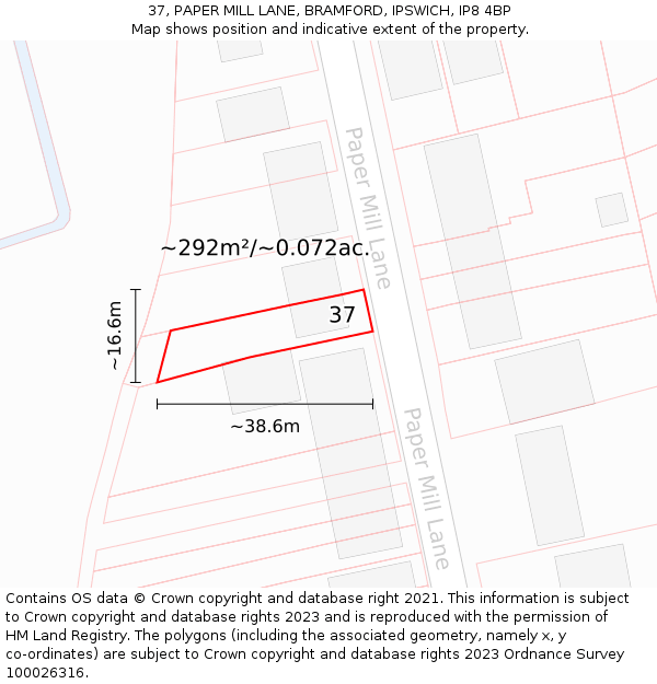 37, PAPER MILL LANE, BRAMFORD, IPSWICH, IP8 4BP: Plot and title map