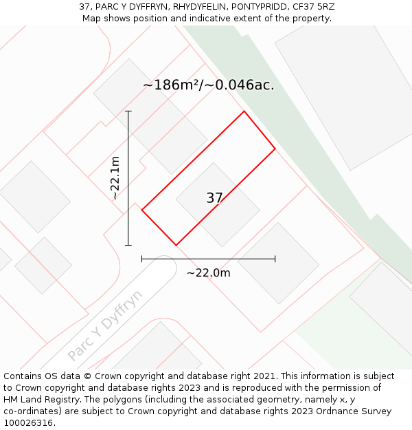 37, PARC Y DYFFRYN, RHYDYFELIN, PONTYPRIDD, CF37 5RZ: Plot and title map