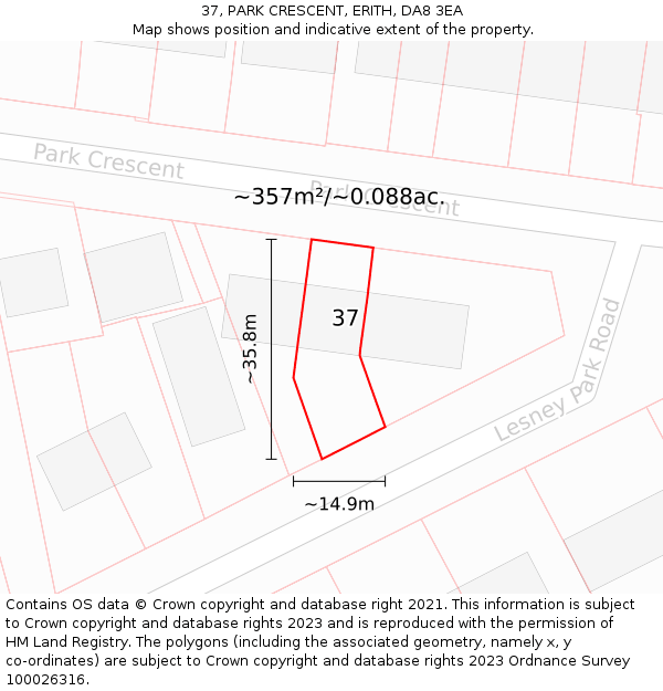 37, PARK CRESCENT, ERITH, DA8 3EA: Plot and title map