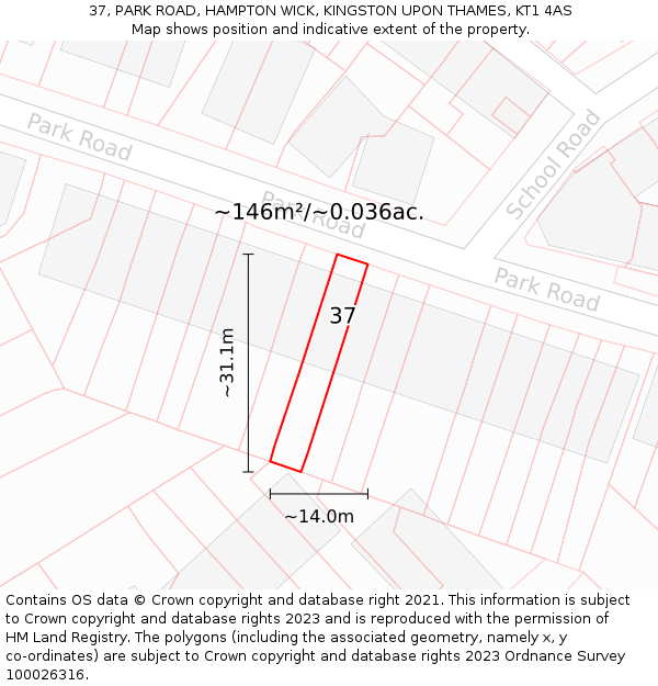 37, PARK ROAD, HAMPTON WICK, KINGSTON UPON THAMES, KT1 4AS: Plot and title map