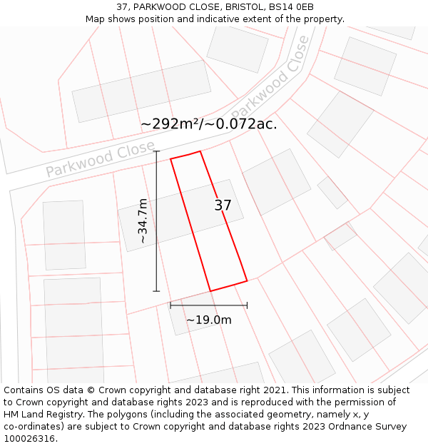 37, PARKWOOD CLOSE, BRISTOL, BS14 0EB: Plot and title map