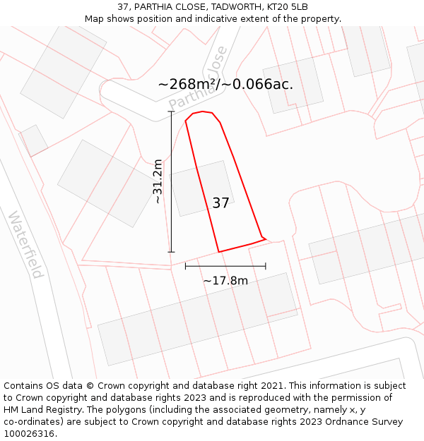 37, PARTHIA CLOSE, TADWORTH, KT20 5LB: Plot and title map