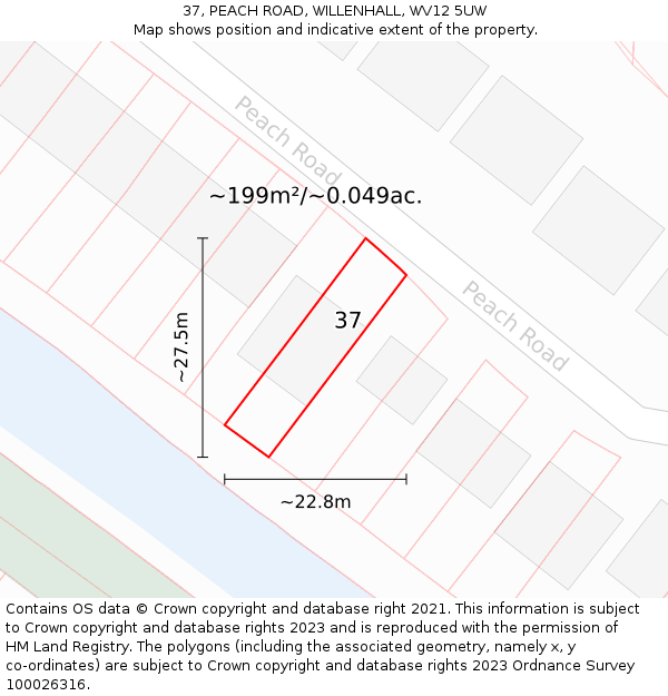 37, PEACH ROAD, WILLENHALL, WV12 5UW: Plot and title map