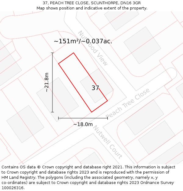 37, PEACH TREE CLOSE, SCUNTHORPE, DN16 3GR: Plot and title map