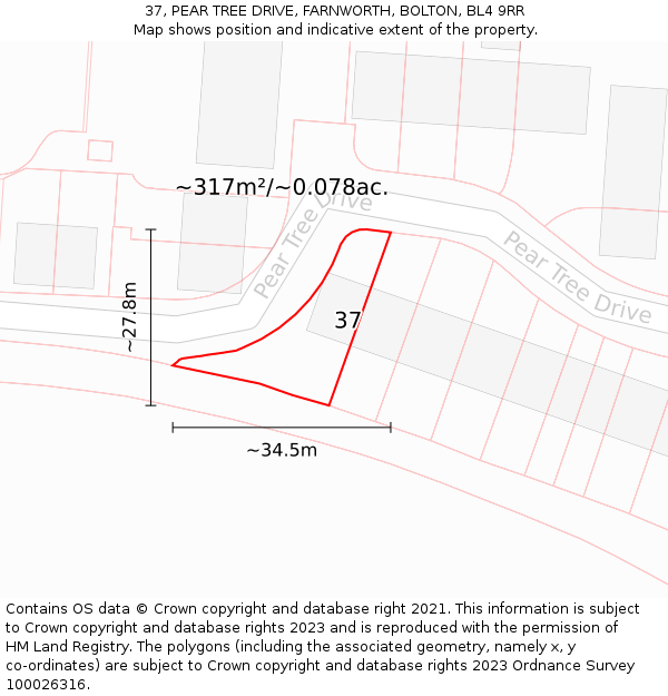 37, PEAR TREE DRIVE, FARNWORTH, BOLTON, BL4 9RR: Plot and title map