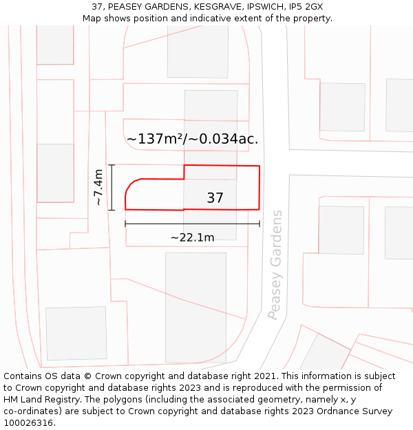 37, PEASEY GARDENS, KESGRAVE, IPSWICH, IP5 2GX: Plot and title map