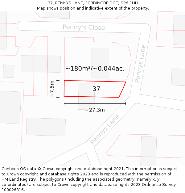 37, PENNYS LANE, FORDINGBRIDGE, SP6 1HH: Plot and title map