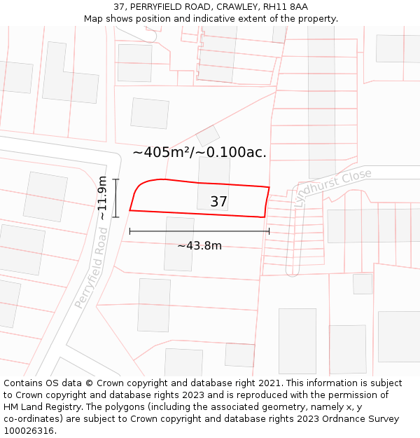 37, PERRYFIELD ROAD, CRAWLEY, RH11 8AA: Plot and title map