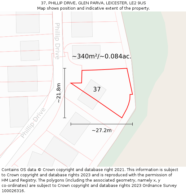 37, PHILLIP DRIVE, GLEN PARVA, LEICESTER, LE2 9US: Plot and title map