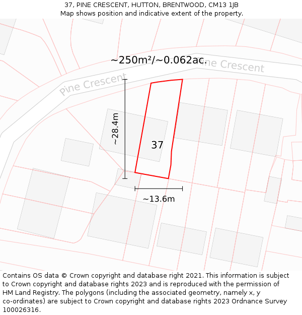 37, PINE CRESCENT, HUTTON, BRENTWOOD, CM13 1JB: Plot and title map