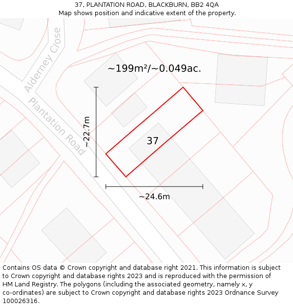 37, PLANTATION ROAD, BLACKBURN, BB2 4QA: Plot and title map