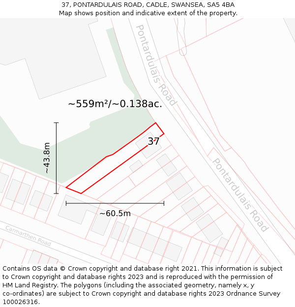 37, PONTARDULAIS ROAD, CADLE, SWANSEA, SA5 4BA: Plot and title map