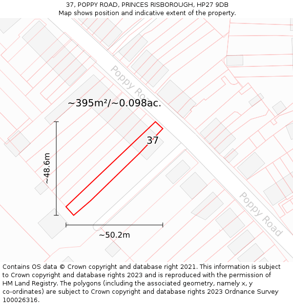 37, POPPY ROAD, PRINCES RISBOROUGH, HP27 9DB: Plot and title map