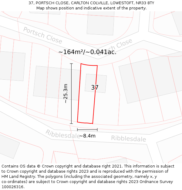 37, PORTSCH CLOSE, CARLTON COLVILLE, LOWESTOFT, NR33 8TY: Plot and title map
