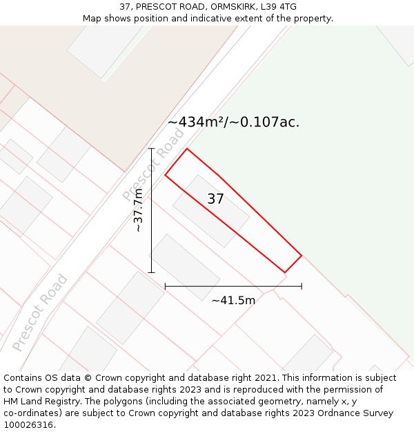 37, PRESCOT ROAD, ORMSKIRK, L39 4TG: Plot and title map