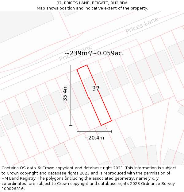 37, PRICES LANE, REIGATE, RH2 8BA: Plot and title map