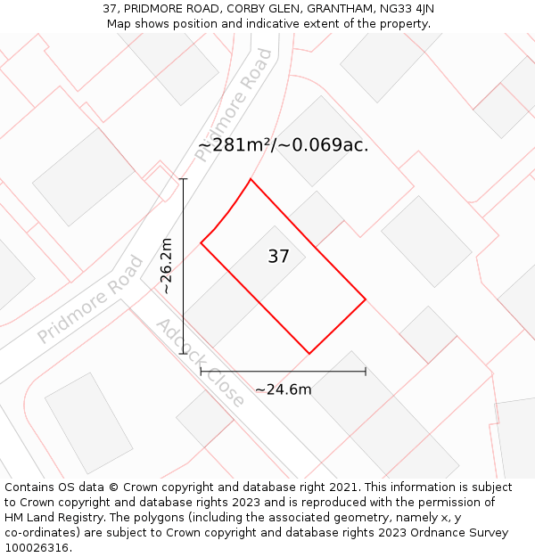 37, PRIDMORE ROAD, CORBY GLEN, GRANTHAM, NG33 4JN: Plot and title map