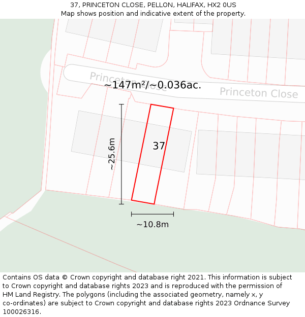 37, PRINCETON CLOSE, PELLON, HALIFAX, HX2 0US: Plot and title map