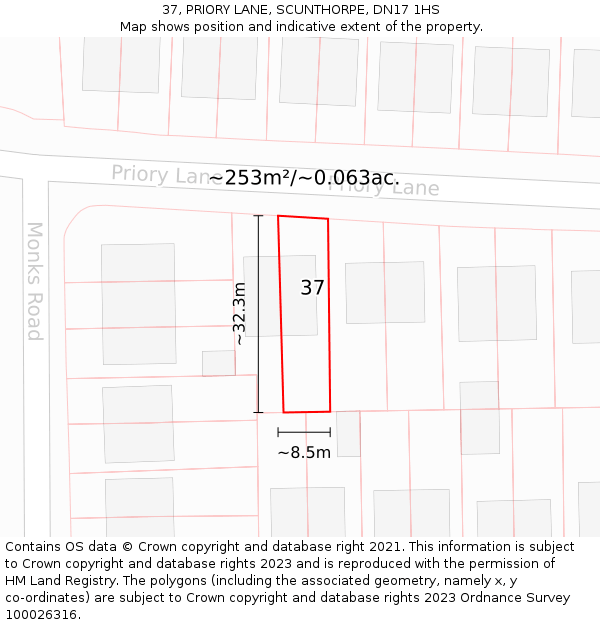 37, PRIORY LANE, SCUNTHORPE, DN17 1HS: Plot and title map