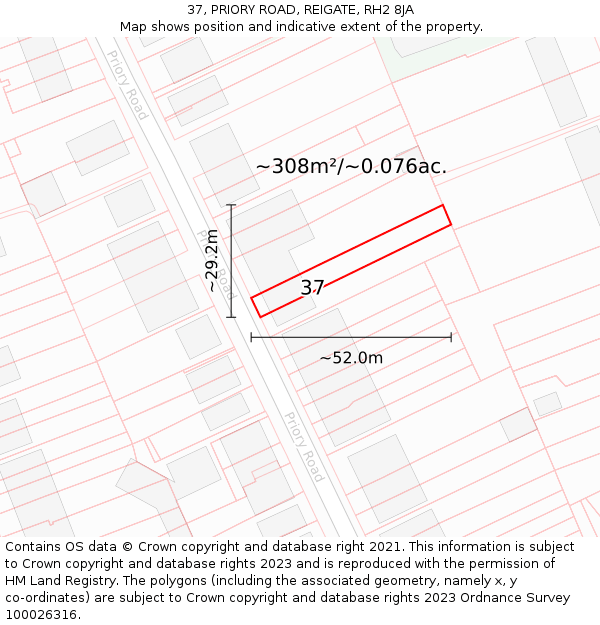 37, PRIORY ROAD, REIGATE, RH2 8JA: Plot and title map