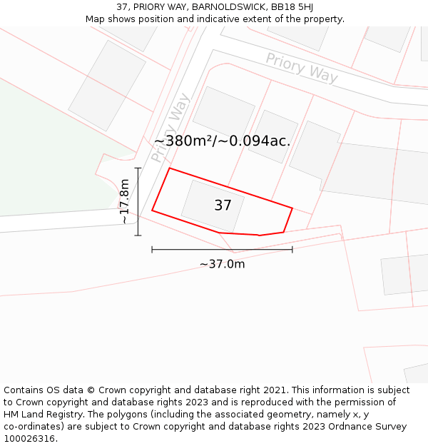 37, PRIORY WAY, BARNOLDSWICK, BB18 5HJ: Plot and title map