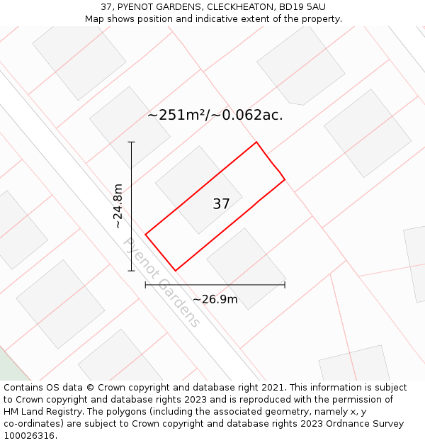 37, PYENOT GARDENS, CLECKHEATON, BD19 5AU: Plot and title map