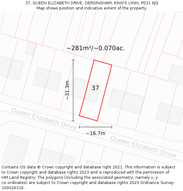 37, QUEEN ELIZABETH DRIVE, DERSINGHAM, KING'S LYNN, PE31 6JQ: Plot and title map