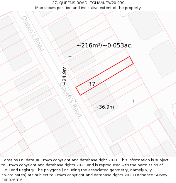 37, QUEENS ROAD, EGHAM, TW20 9RS: Plot and title map
