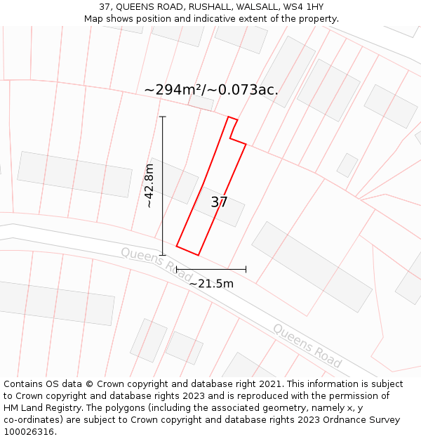 37, QUEENS ROAD, RUSHALL, WALSALL, WS4 1HY: Plot and title map
