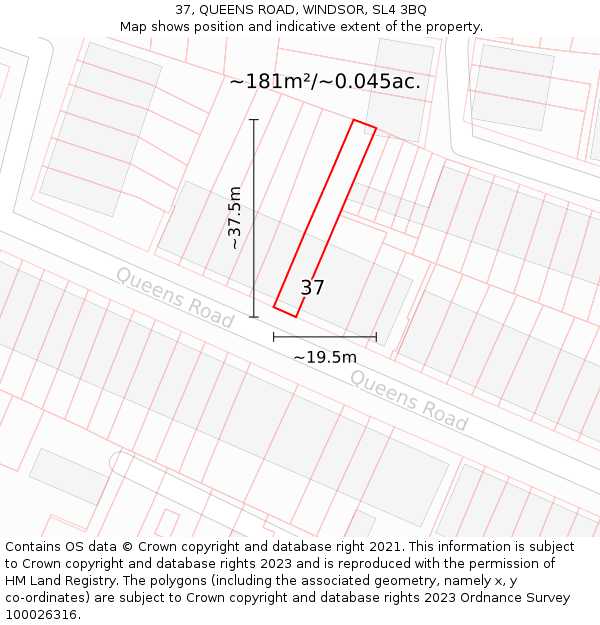 37, QUEENS ROAD, WINDSOR, SL4 3BQ: Plot and title map