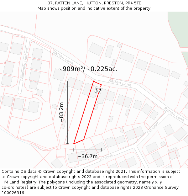 37, RATTEN LANE, HUTTON, PRESTON, PR4 5TE: Plot and title map