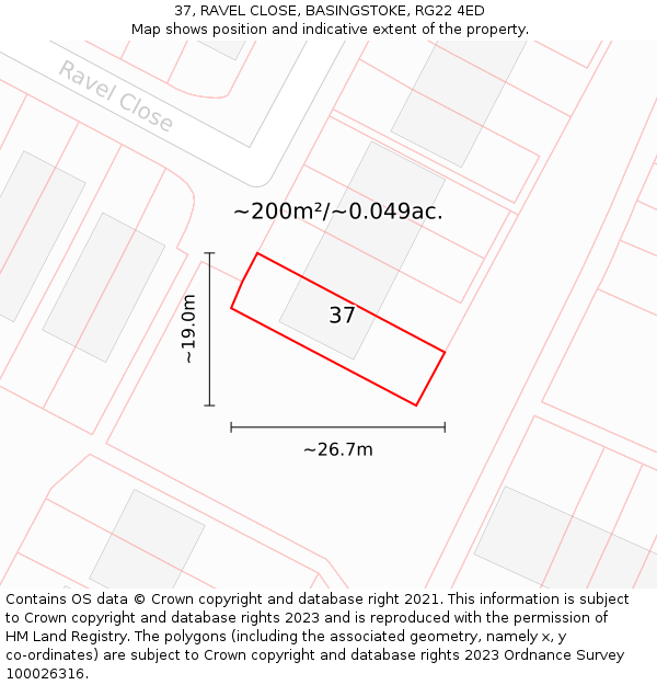 37, RAVEL CLOSE, BASINGSTOKE, RG22 4ED: Plot and title map