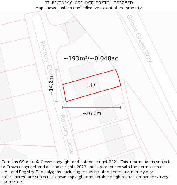 37, RECTORY CLOSE, YATE, BRISTOL, BS37 5SD: Plot and title map