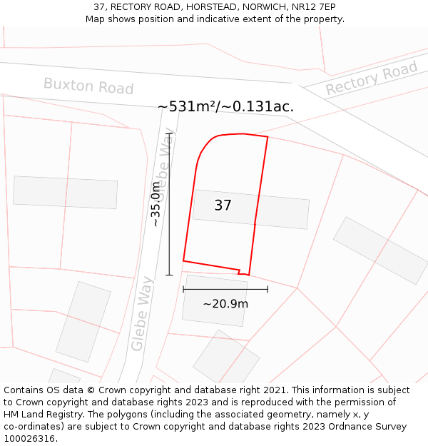 37, RECTORY ROAD, HORSTEAD, NORWICH, NR12 7EP: Plot and title map