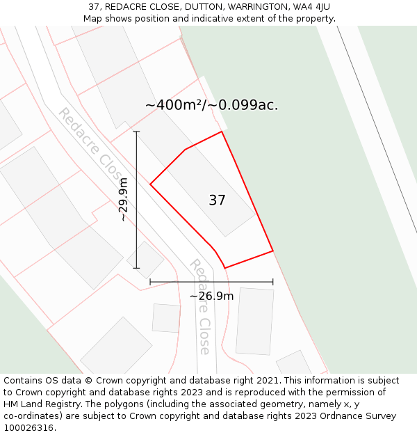 37, REDACRE CLOSE, DUTTON, WARRINGTON, WA4 4JU: Plot and title map