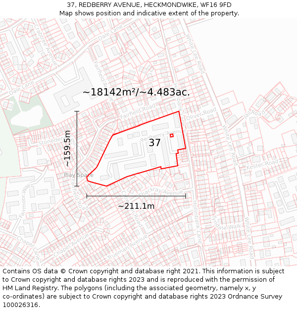 37, REDBERRY AVENUE, HECKMONDWIKE, WF16 9FD: Plot and title map