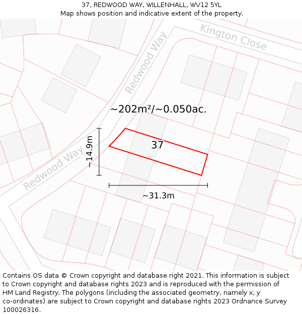 37, REDWOOD WAY, WILLENHALL, WV12 5YL: Plot and title map