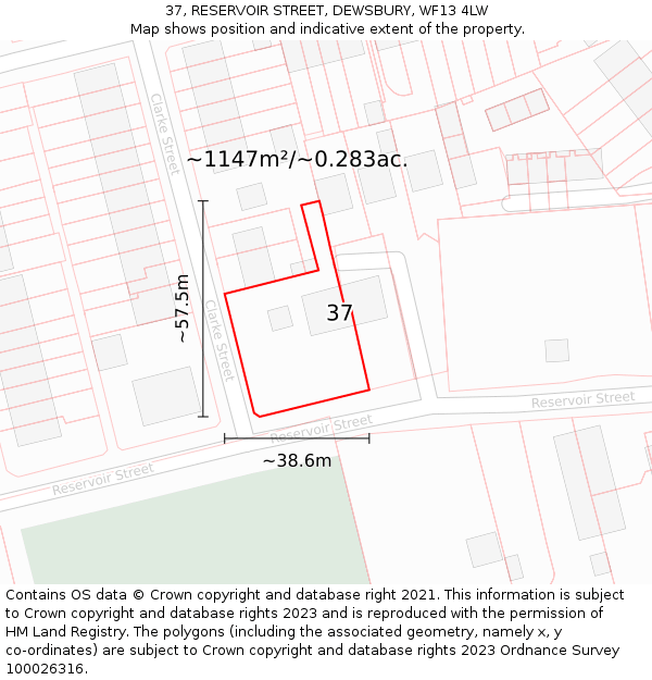 37, RESERVOIR STREET, DEWSBURY, WF13 4LW: Plot and title map