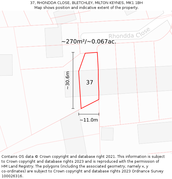 37, RHONDDA CLOSE, BLETCHLEY, MILTON KEYNES, MK1 1BH: Plot and title map