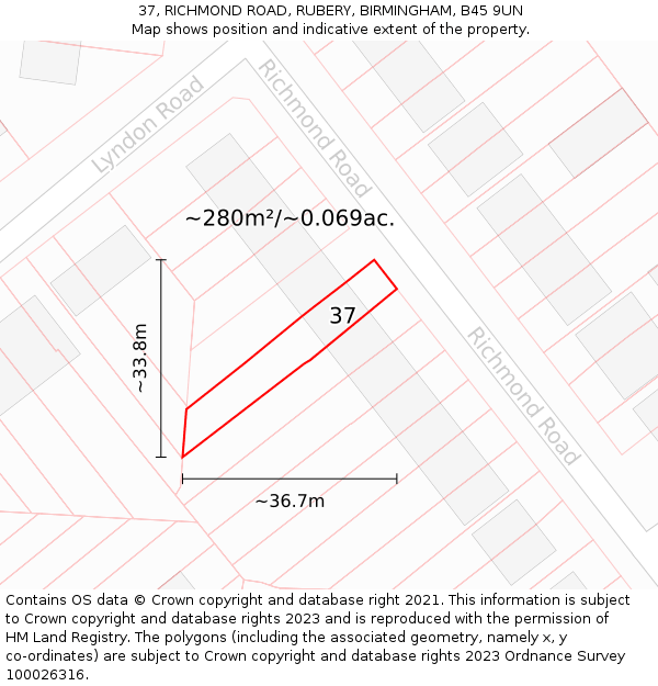 37, RICHMOND ROAD, RUBERY, BIRMINGHAM, B45 9UN: Plot and title map