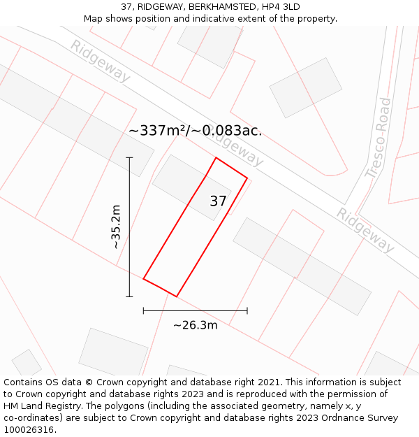 37, RIDGEWAY, BERKHAMSTED, HP4 3LD: Plot and title map