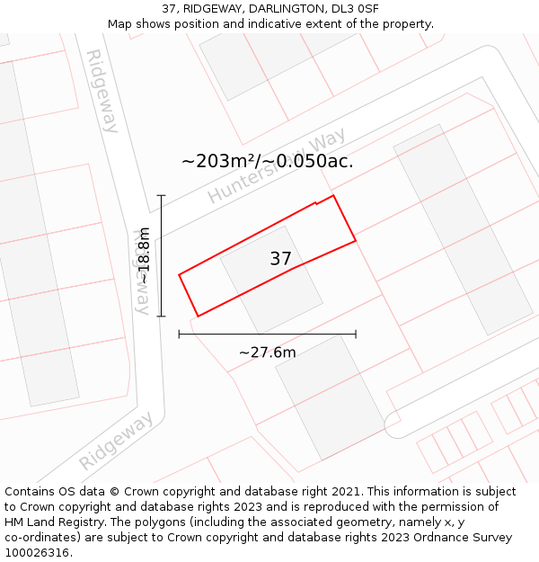 37, RIDGEWAY, DARLINGTON, DL3 0SF: Plot and title map