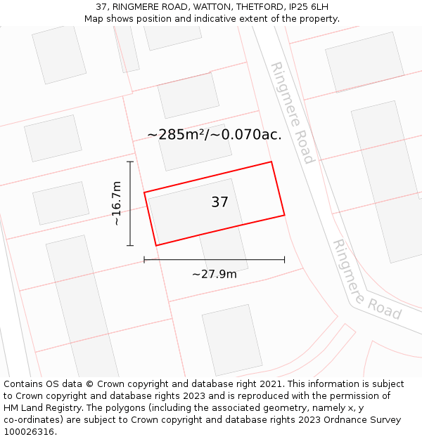 37, RINGMERE ROAD, WATTON, THETFORD, IP25 6LH: Plot and title map