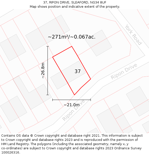 37, RIPON DRIVE, SLEAFORD, NG34 8UF: Plot and title map