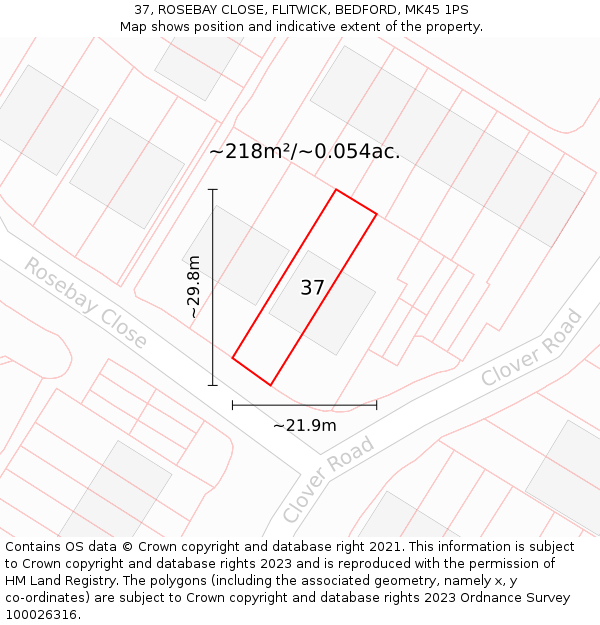 37, ROSEBAY CLOSE, FLITWICK, BEDFORD, MK45 1PS: Plot and title map