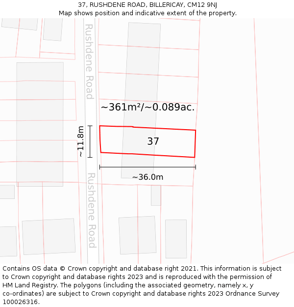 37, RUSHDENE ROAD, BILLERICAY, CM12 9NJ: Plot and title map