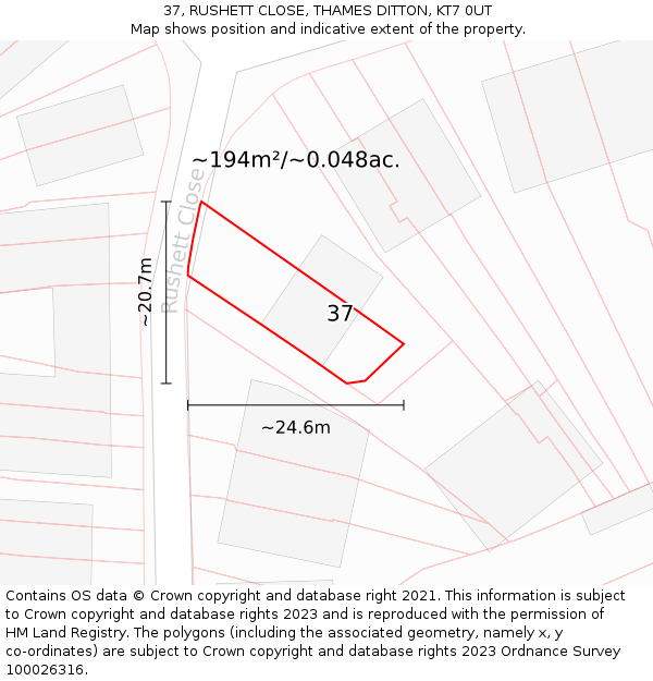 37, RUSHETT CLOSE, THAMES DITTON, KT7 0UT: Plot and title map