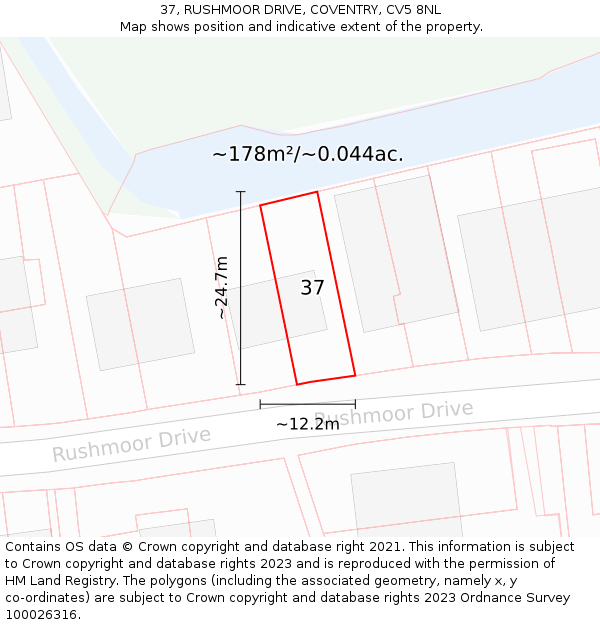37, RUSHMOOR DRIVE, COVENTRY, CV5 8NL: Plot and title map